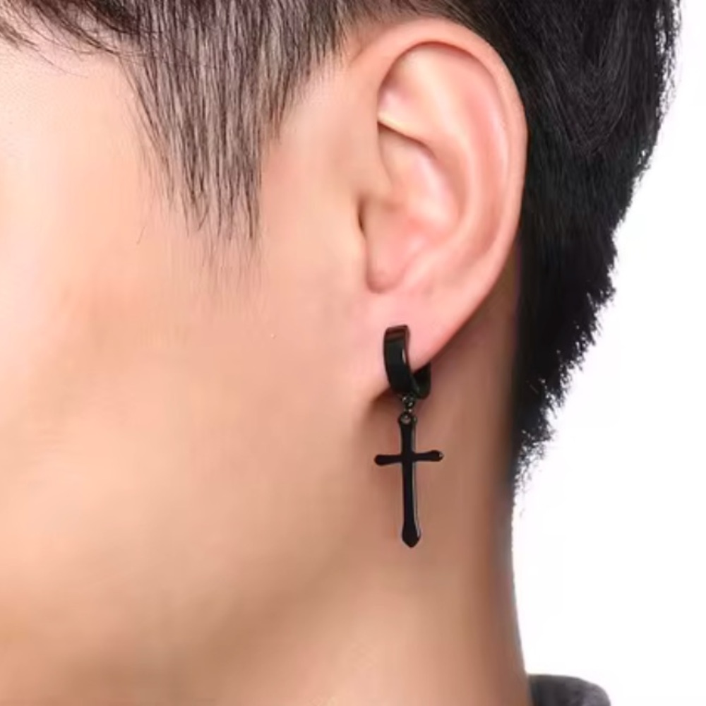 Mens Magnetic Black Polished Surgical Grade Stainless Steel Earrings With Cross